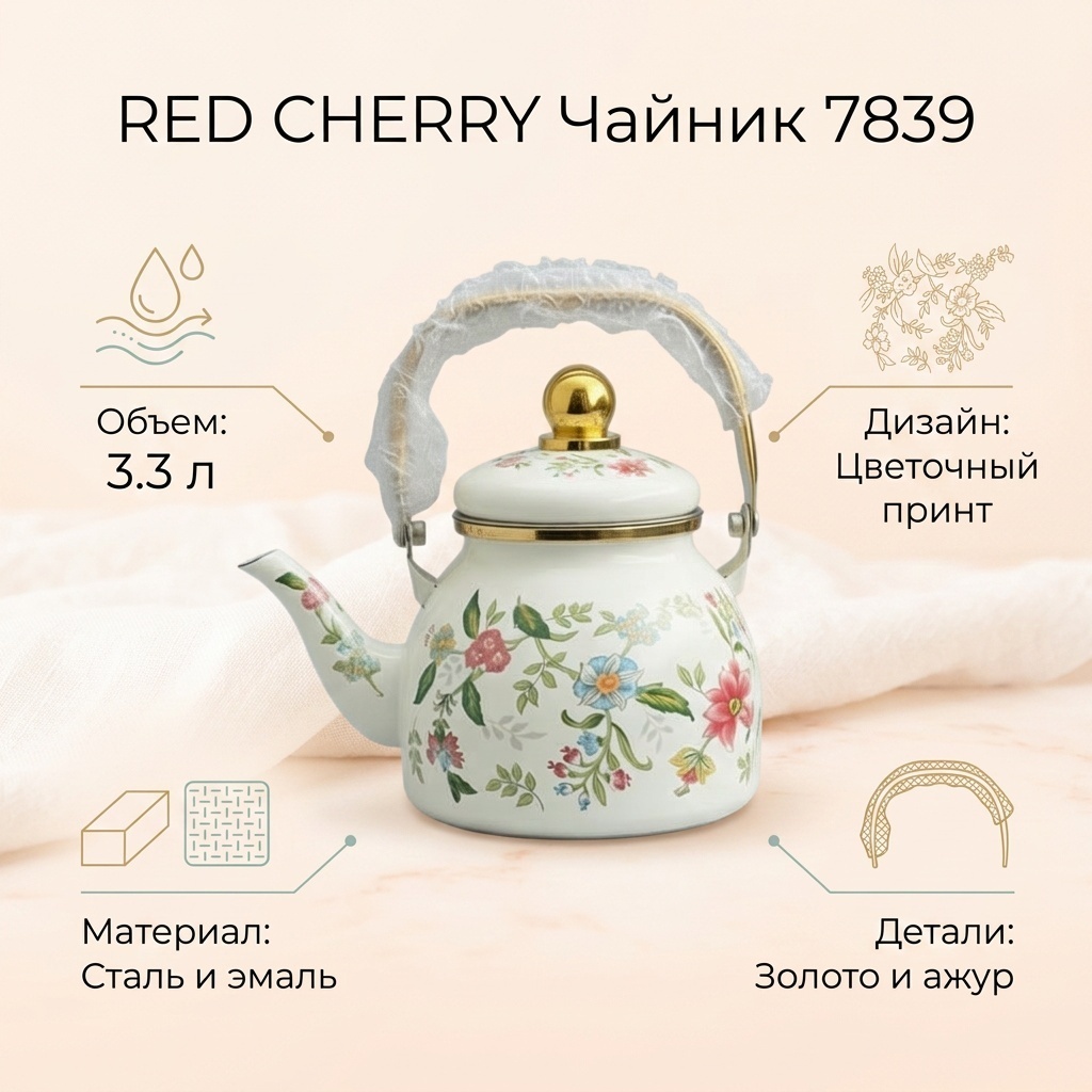 RED CHERRY чайник 7839 3.3 л, эмаль, нержавеющая сталь