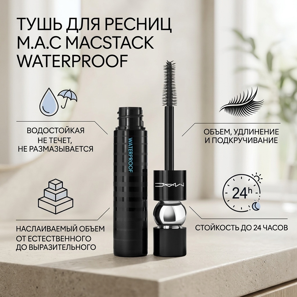 Тушь для ресниц M.A.C Macstack Waterproof для объема, удлиняющая, подкручивающая черный