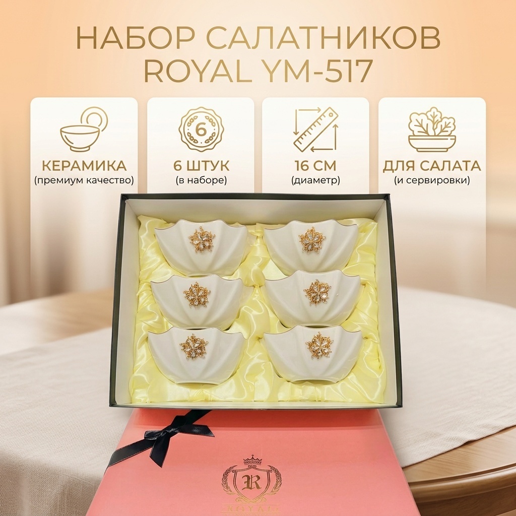 Салатник ROYAL 16х16 см, керамика, 6 шт