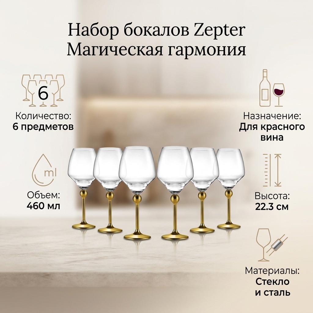 Набор бокалов Zepter 460 мл, стекло, сталь, 6 шт