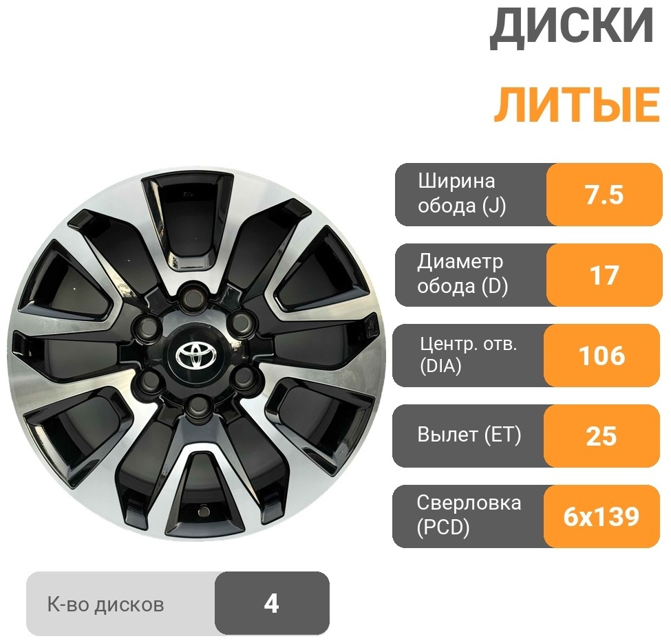 RNO 704 7.5x17/6x139.7 D106.1 ET25 черный, серебристый