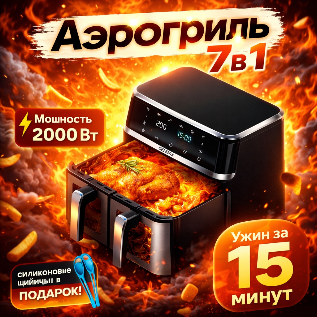 Двойной аэрогриль GENEFIX 8019D + щипцы 5 л черный