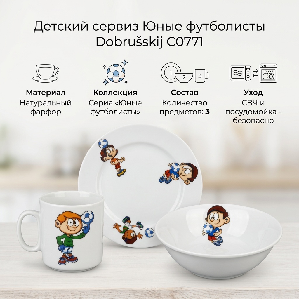 Сервиз на 1 персону Добрушский фарфоровый завод Юные футболисты, предметов: 3, детский, фарфор