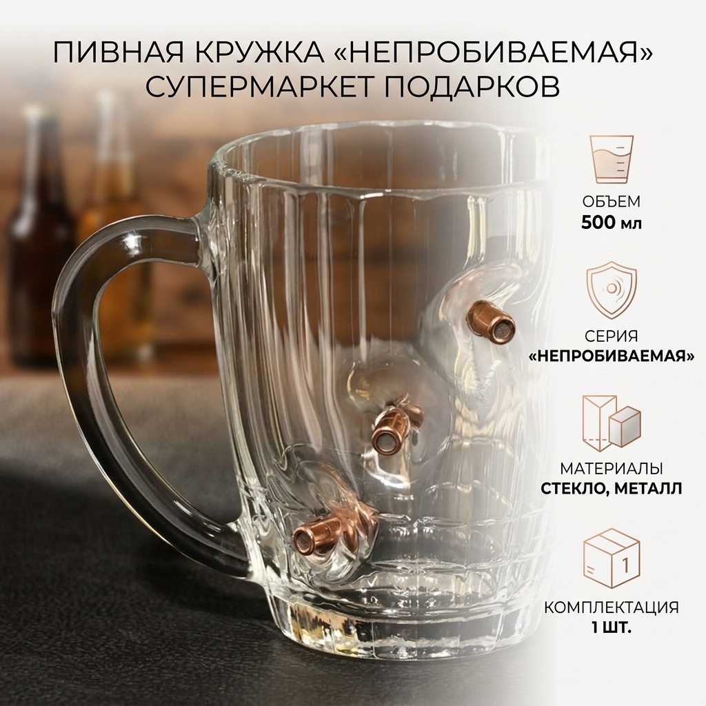 Пивная кружка Супермаркет подарков 500 мл, стекло, металл, 1 шт
