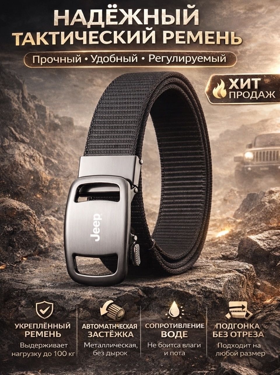 Ремень Jeep текстиль, полиэстер 105 см черный