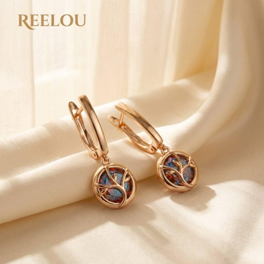 Серьги REELOU 064дерево счастья вес 2.8 г сплав покрытый золотом 24К, циркон