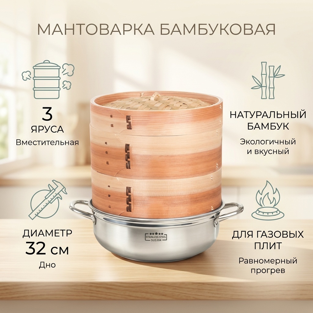 Мантоварка 5 л, бамбуковый шпон, количество ярусов: 3