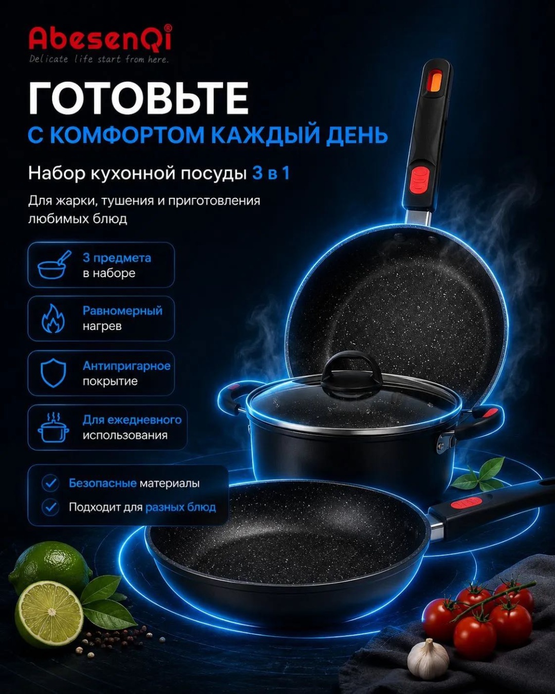Набор сковородок AbesenQi С КОМФОРТОМ КАЖДЫЙ ДЕНЬ 3 в 1
