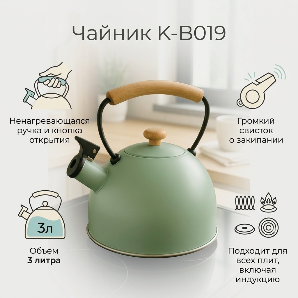 Чайник K-B019 3 л, пластик, нержавеющая сталь, сталь