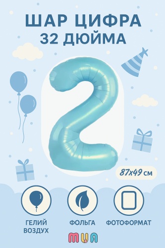 Воздушный шар MUA фольгированный ЦИФРА 2 ГОЛУБОЙ, ДЕНЬ РОЖДЕНИЯ 1 шт