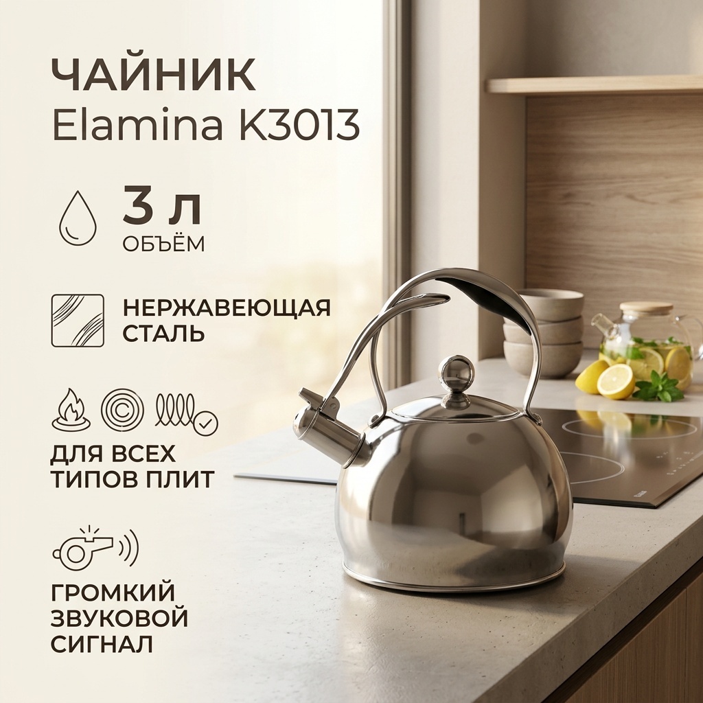 Elamina чайник K3013 K3013 3 л, нержавеющая сталь, бакелит