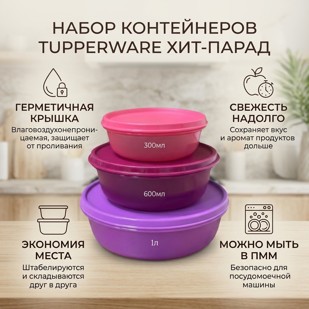 Tupperware контейнер 3шт основание / 3шт крышка , полипропилен