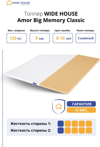 Топпер WIDE HOUSE Amor Big Memory Classic, 200x200x9 см