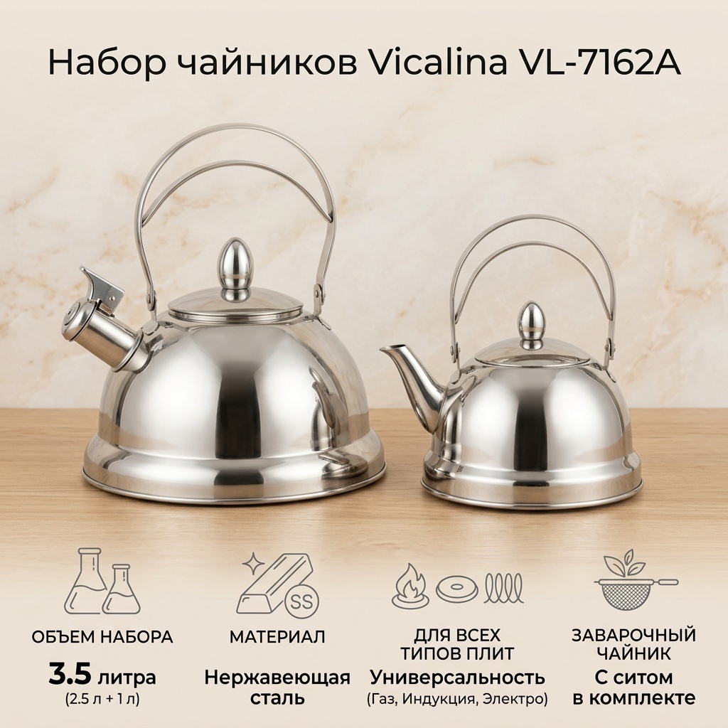 Vicalina набор чайников VL-7162A 2 л, нержавеющая сталь