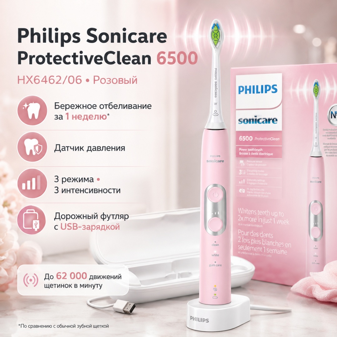 Philips звуковая щетка ProtectiveClean 6500 HX6462/06 щетина средняя розовый