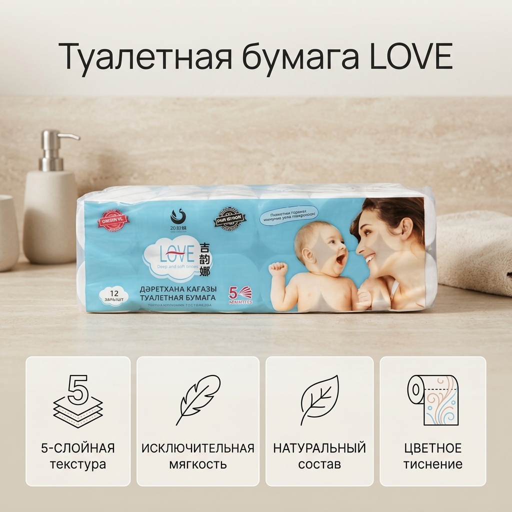 LOVE туалетная бумага 5-слойный 12 шт, первичная целлюлоза