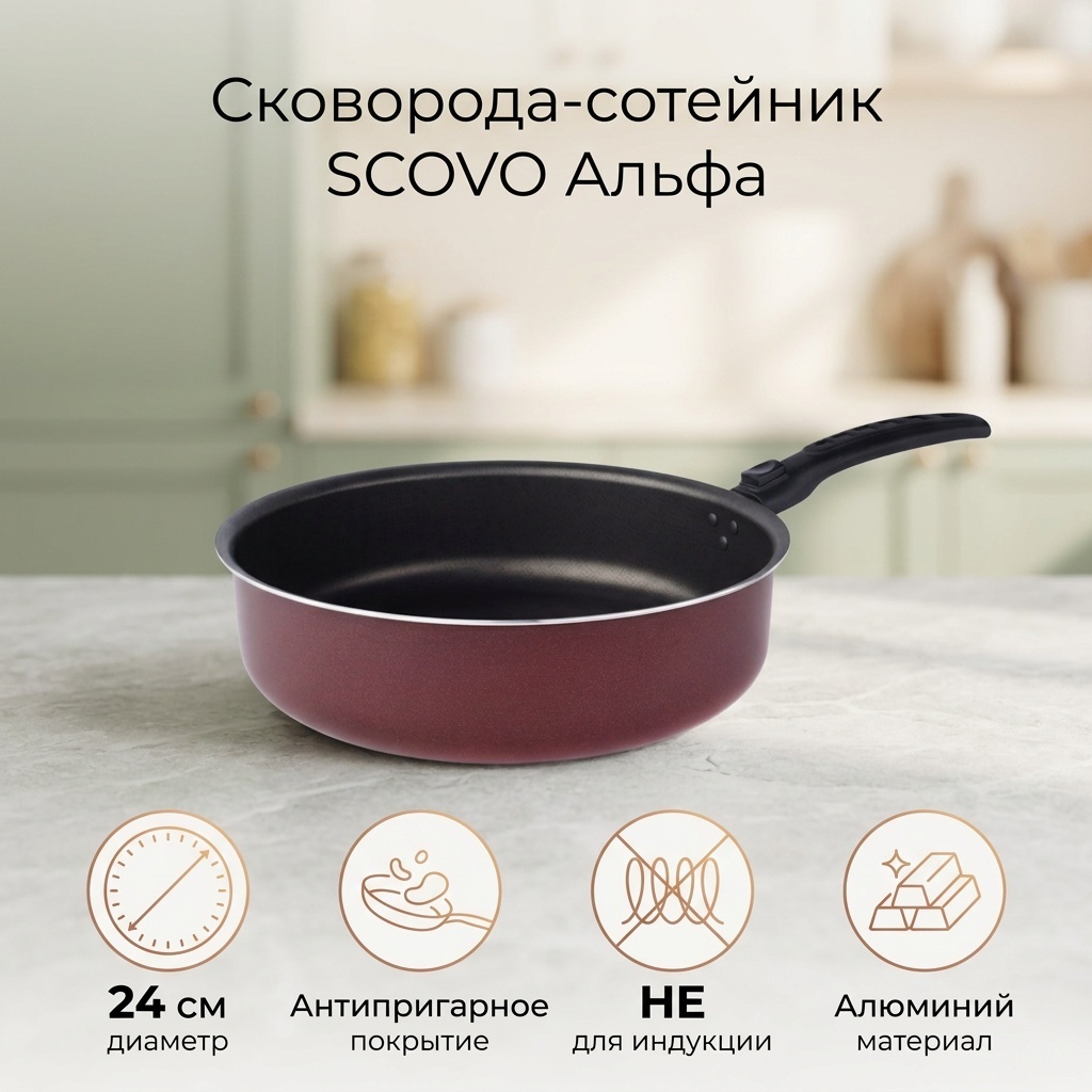 Сотейник SCOVO Alpha 24 см с антипригарным покрытием, алюминий