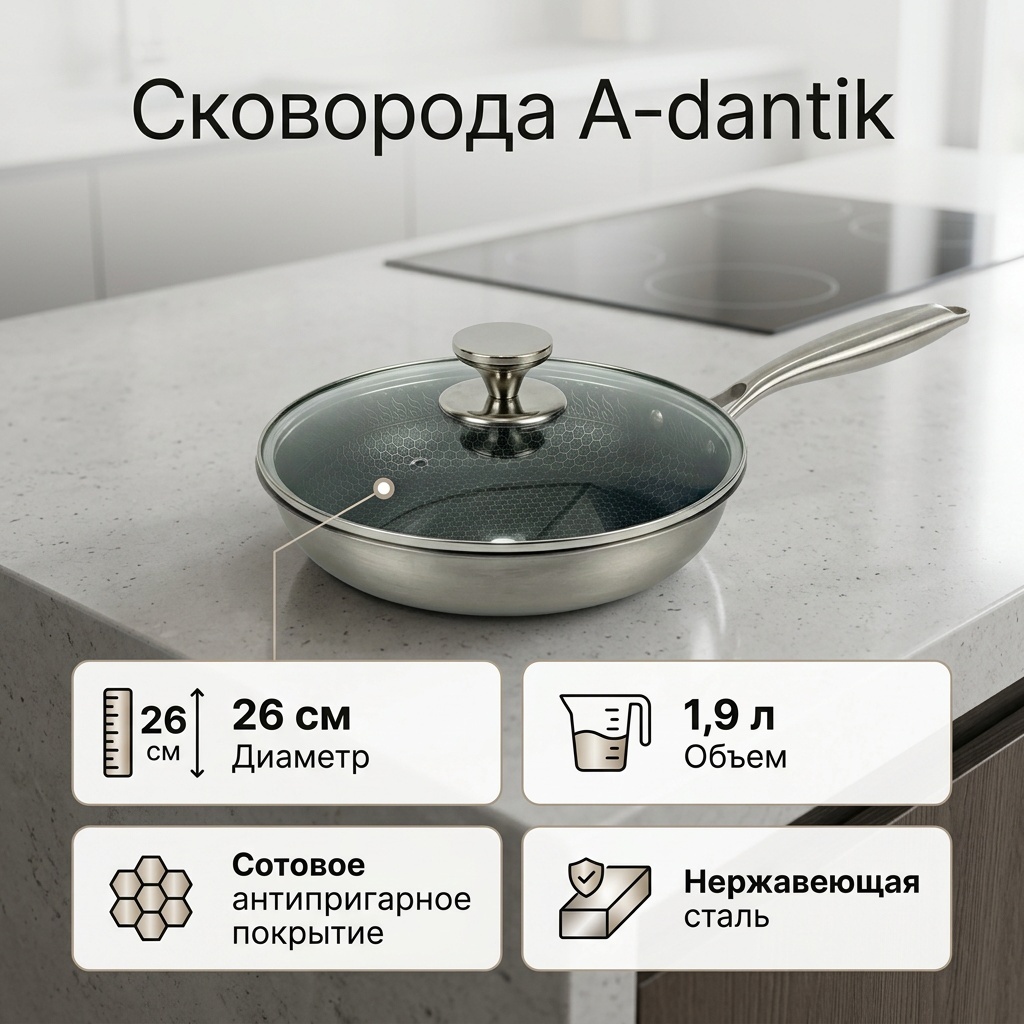 Сковорода А-dantik 26 см с антипригарным покрытием, нержавеющая сталь