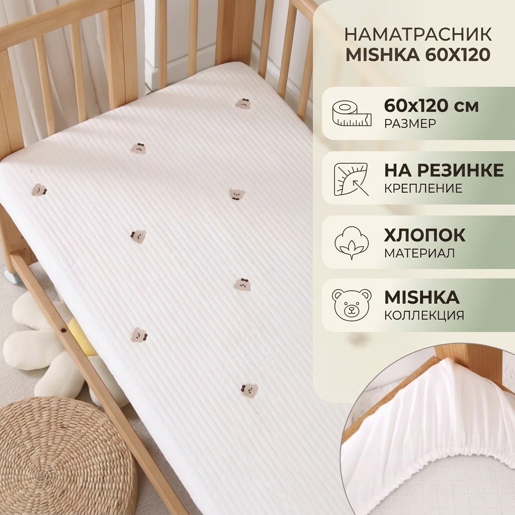 Наматрасник на резинке Mishka 60x120, хлопок