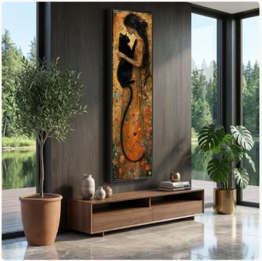 Картина Женщина с чёрной кошкой 6. на подрамнике theBaiss.com 30x90 см