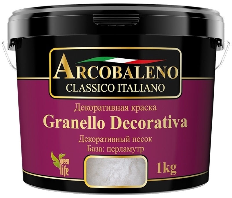 Декоративная краска ARCOBALENO акриловая Granello Decorativa влагостойкая, возможность колеровки 1 кг, цвет база перламутр