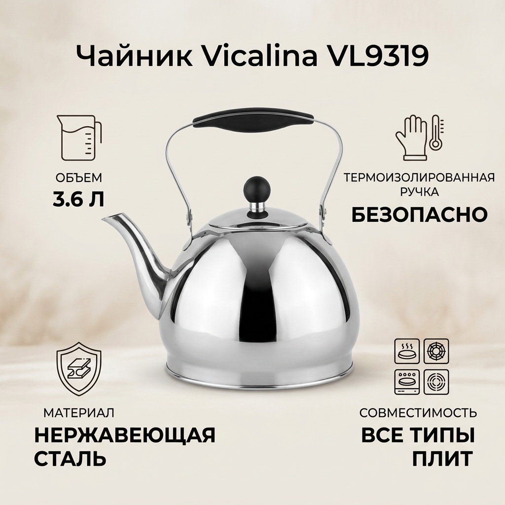 Vicalina чайник VL9319 3.6 л, нержавеющая сталь