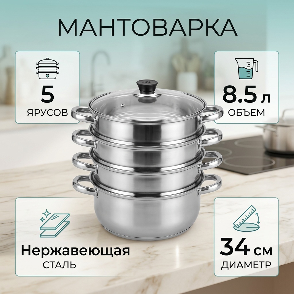 Мантоварка 8 л, нержавеющая сталь, количество ярусов: 5