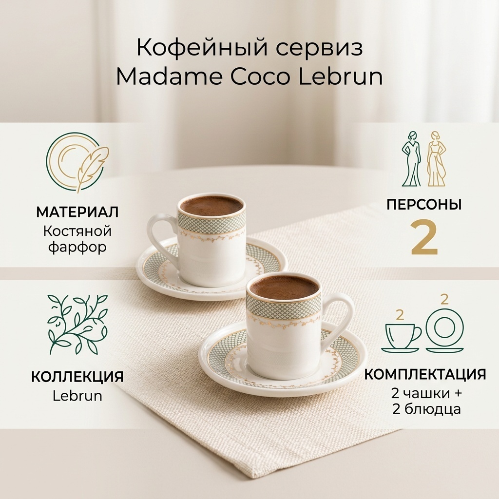 Сервиз на 2 персоны Madame Coco Lebrun, предметов: 4, кофейный, костяной фарфор