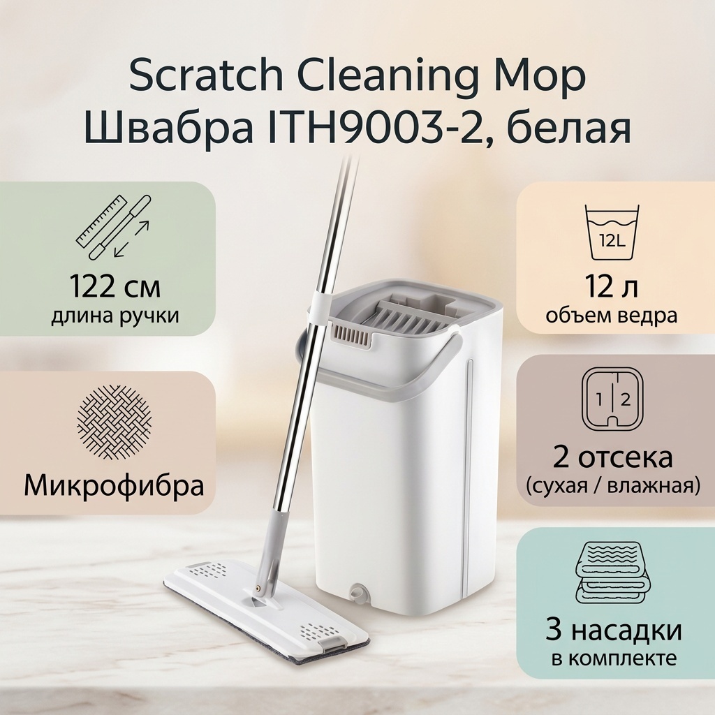 Швабра универсальная, для пола Scratch Cleaning Mop, материал насадки: микрофибра, белый