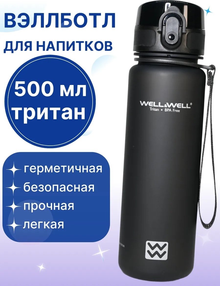 Бутылка 0.5 л черный, крышка с кнопкой, тритан