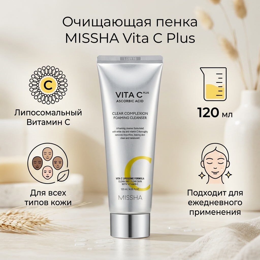 MISSHA Vita C Plus Ascorbic Acid, Очищающая пенка для чистки лица, 4,05 жидких унций (120 мл) пенка 120 мл