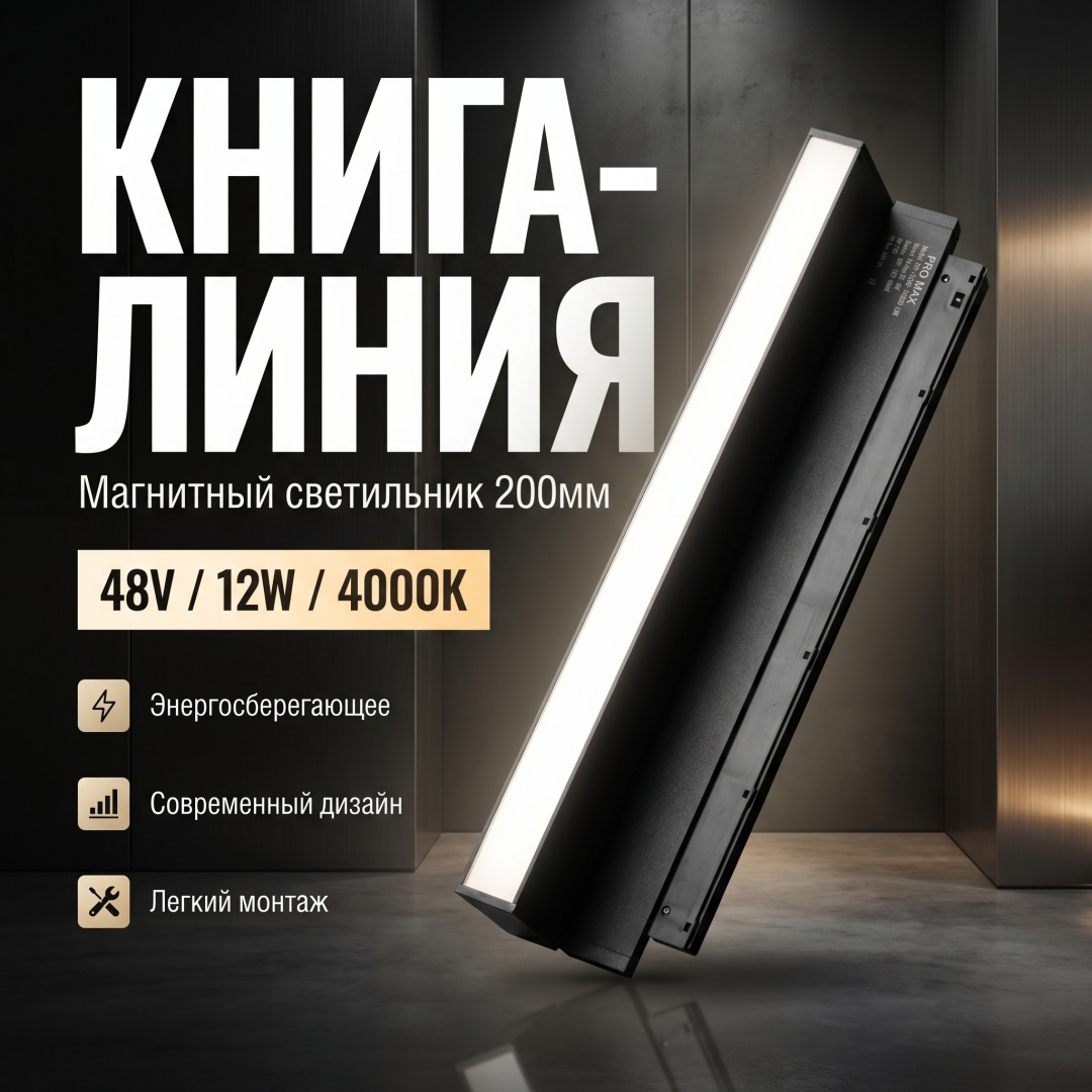 Магнитный трековый светильник книга-линия 48V 12W 200мм 4000K