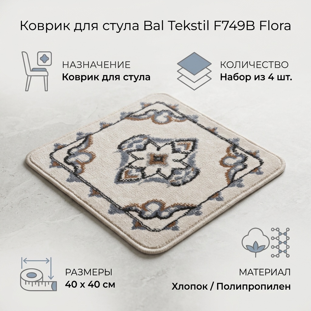 Bal Tekstil коврик для стула F749B Beyaz D.Blue Flora бежевый 40х40см