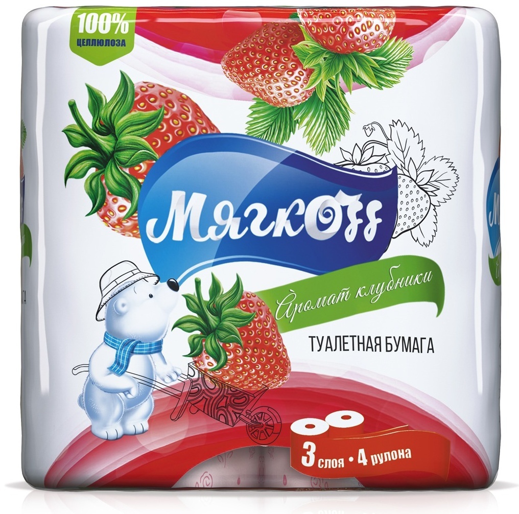 Мягкоff туалетная бумага 3-слойный 4 шт, первичная целлюлоза
