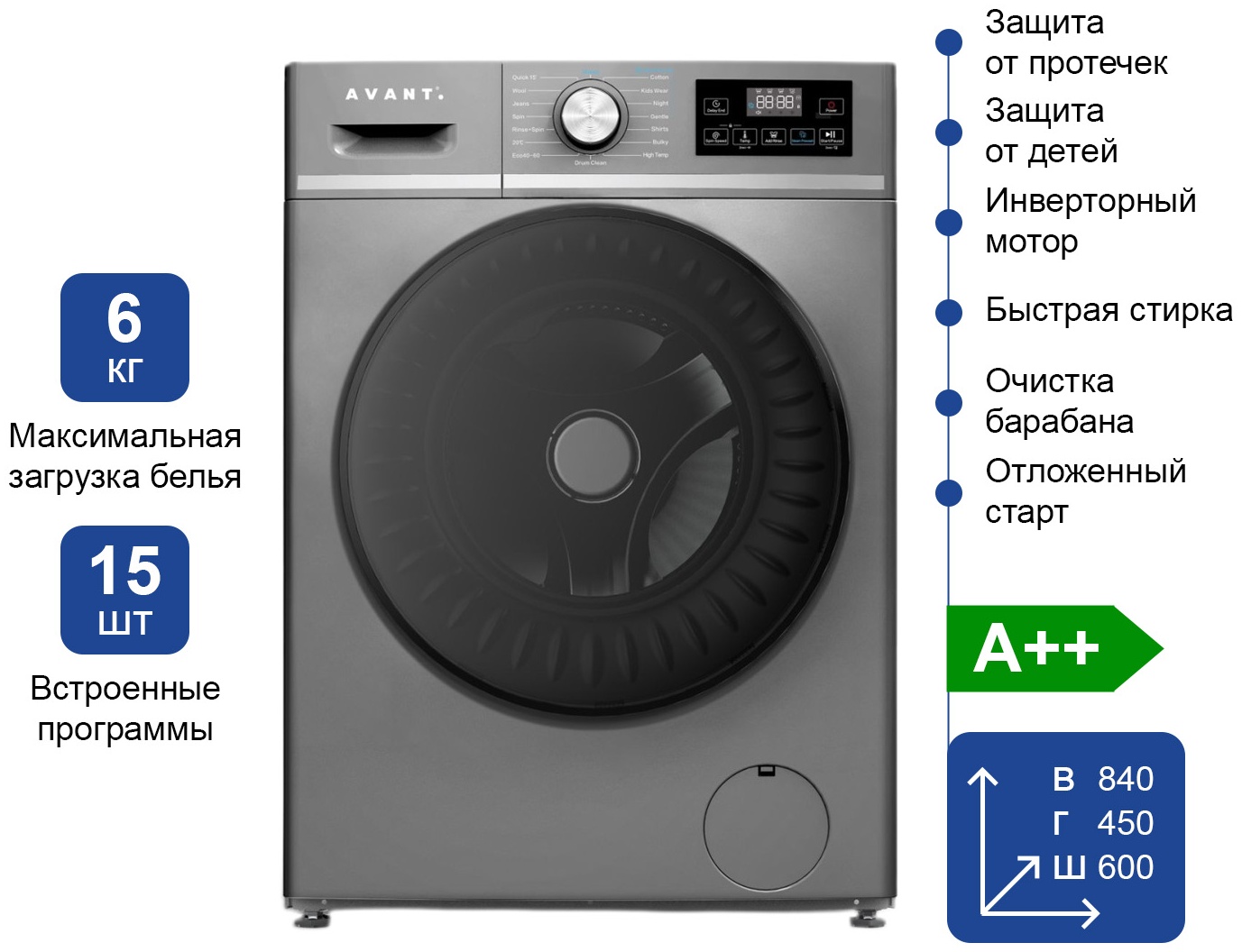 Стиральная машина AVANT WM-FAF60W-G серебристый