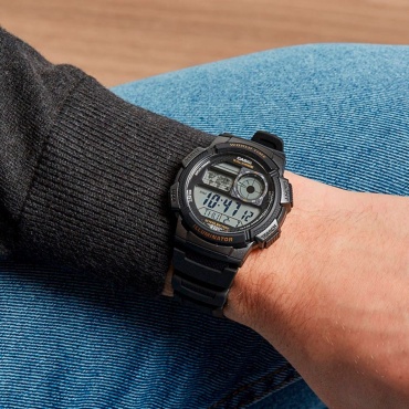 Кварцевые CASIO Мужские часы World Time Black, электронные, спортивный стиль пластик