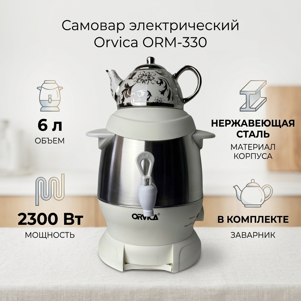 Orvica самовар ORM-330 6 л, нержавеющая сталь