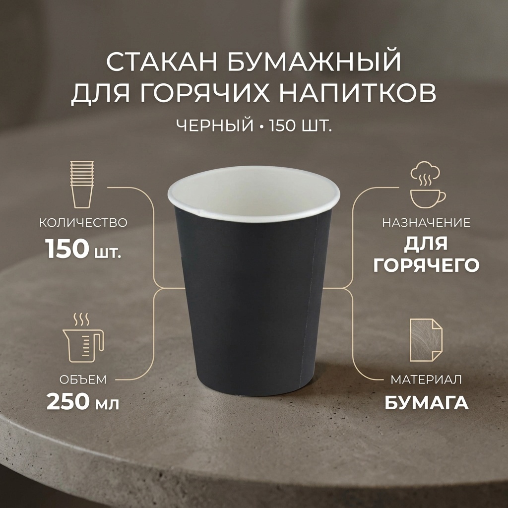 Стакан бумажный для горячих напитков черный 150 шт