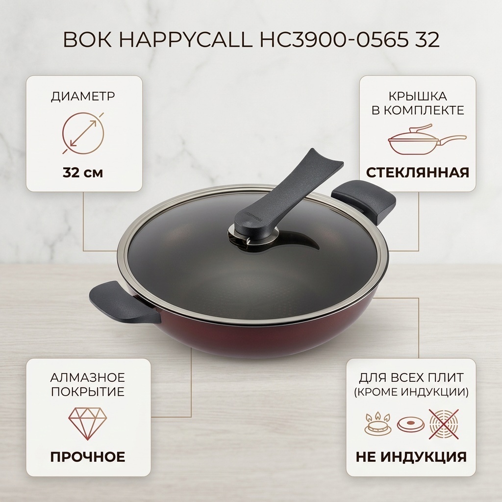Вок Happycall 32 см с антипригарным покрытием, алюминий