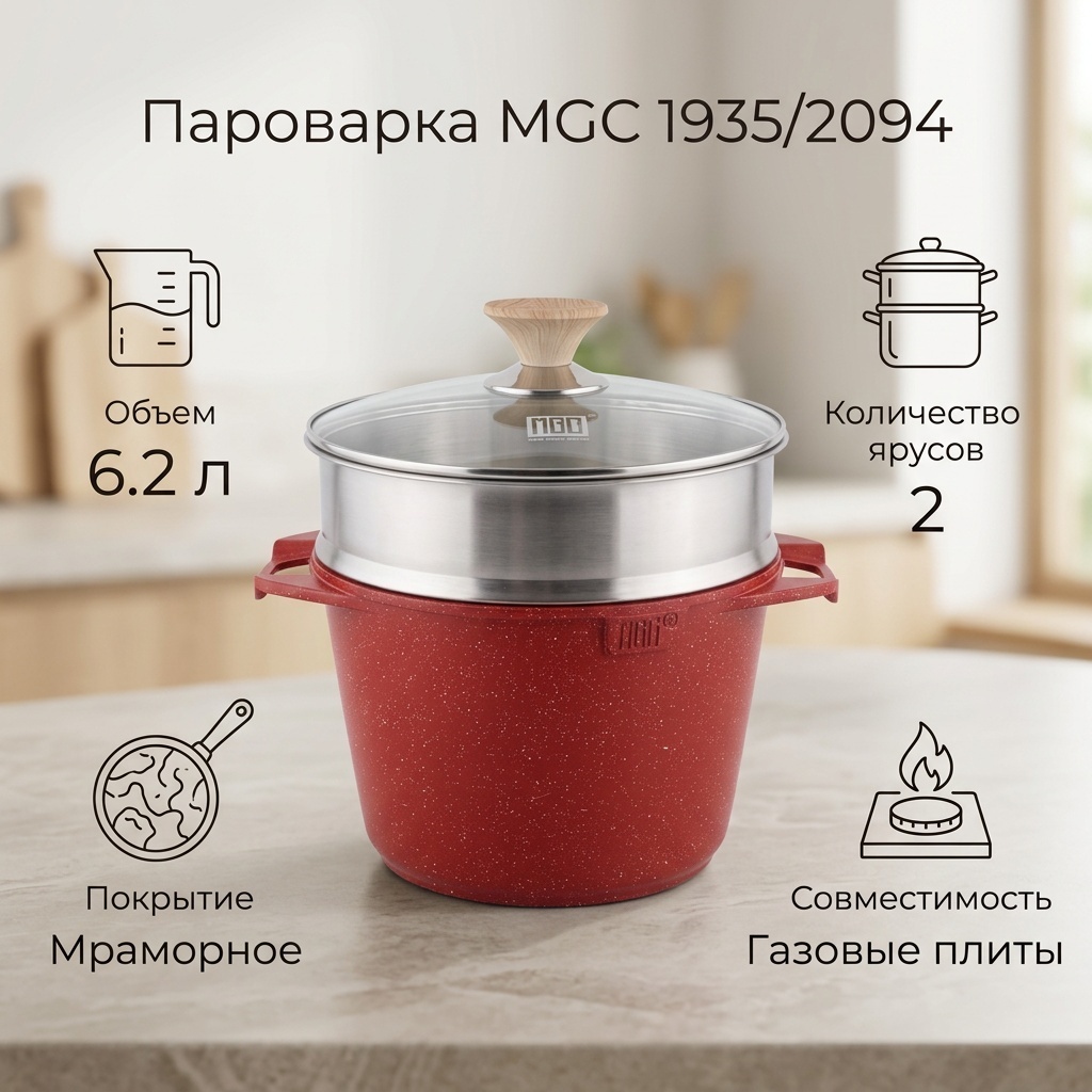 Пароварка 6 л, MGC нержавеющая сталь, количество ярусов: 2