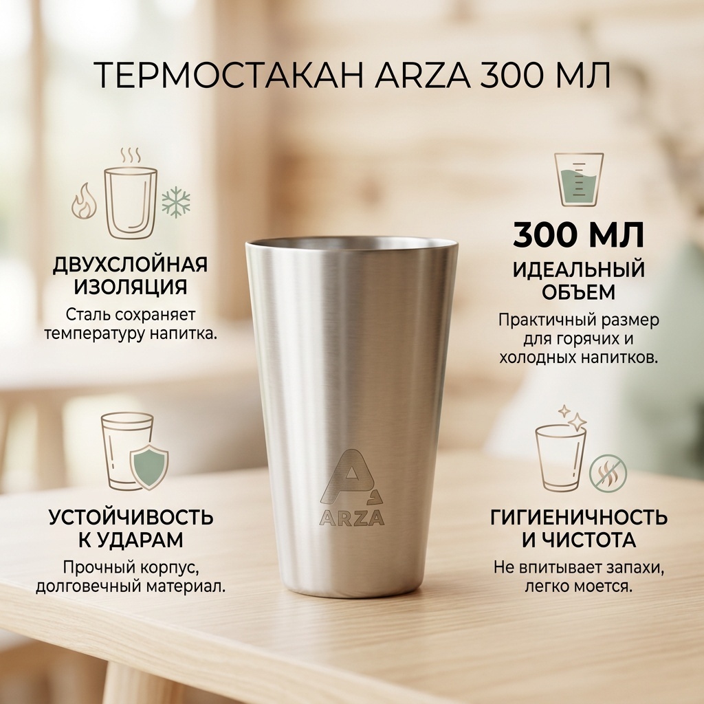 Стакан ARZA 300 мл, нержавеющая сталь, 1 шт