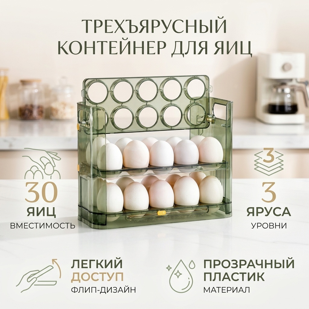 Контейнер для яиц трехъярусный зеленый 30 шт, пластик