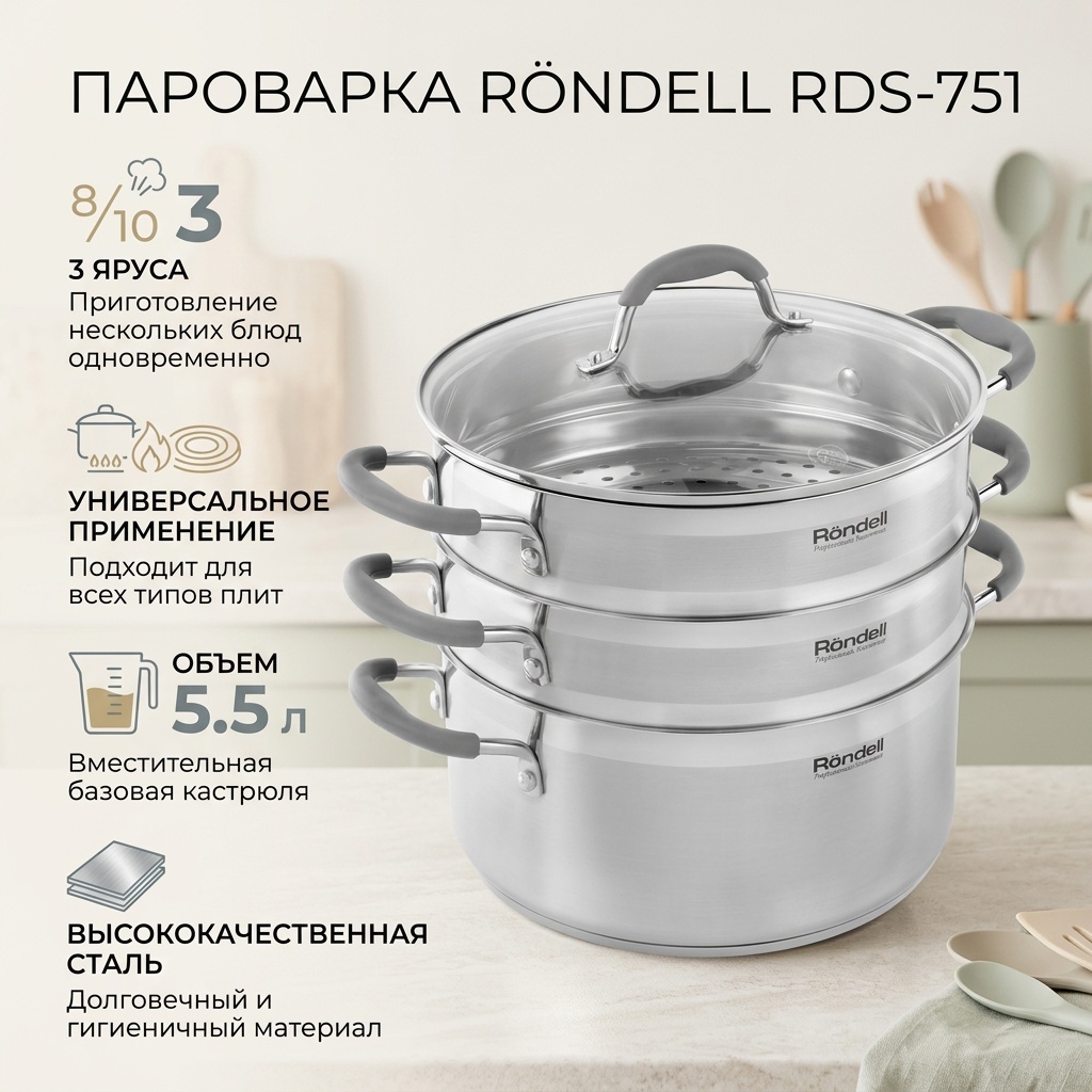 Пароварка 5 л, Rondell нержавеющая сталь, количество ярусов: 3