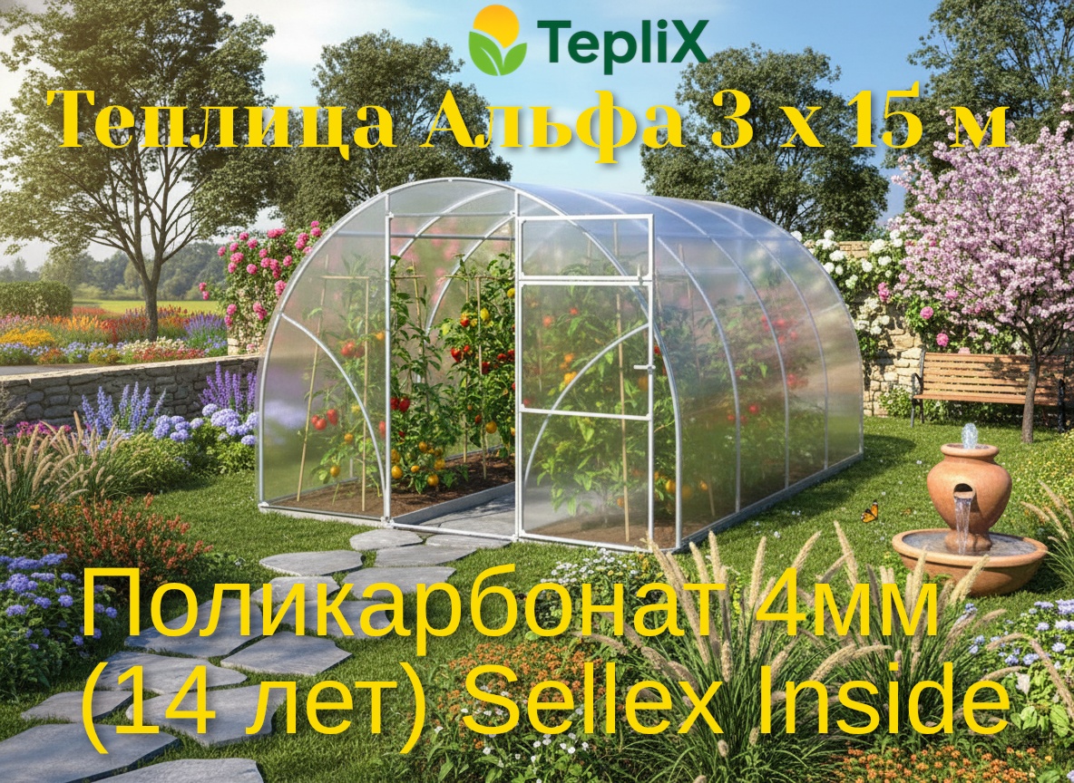 Теплица TepliX Альфа 3х15м Inside 4мм 210x300x1500 см, поликарбонат