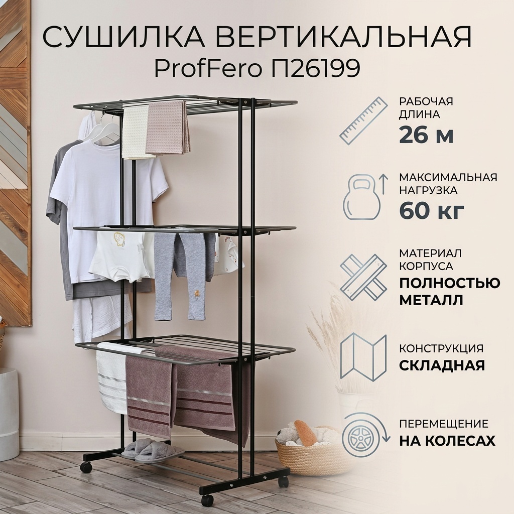 Сушилка напольная ProfFero 61x78x160 см, кол-во уровней: 3, металл
