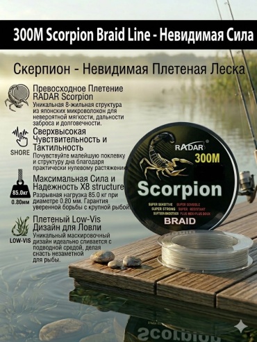 RADAR плетеный шнур Скорпион 300м 0.25 мм серый