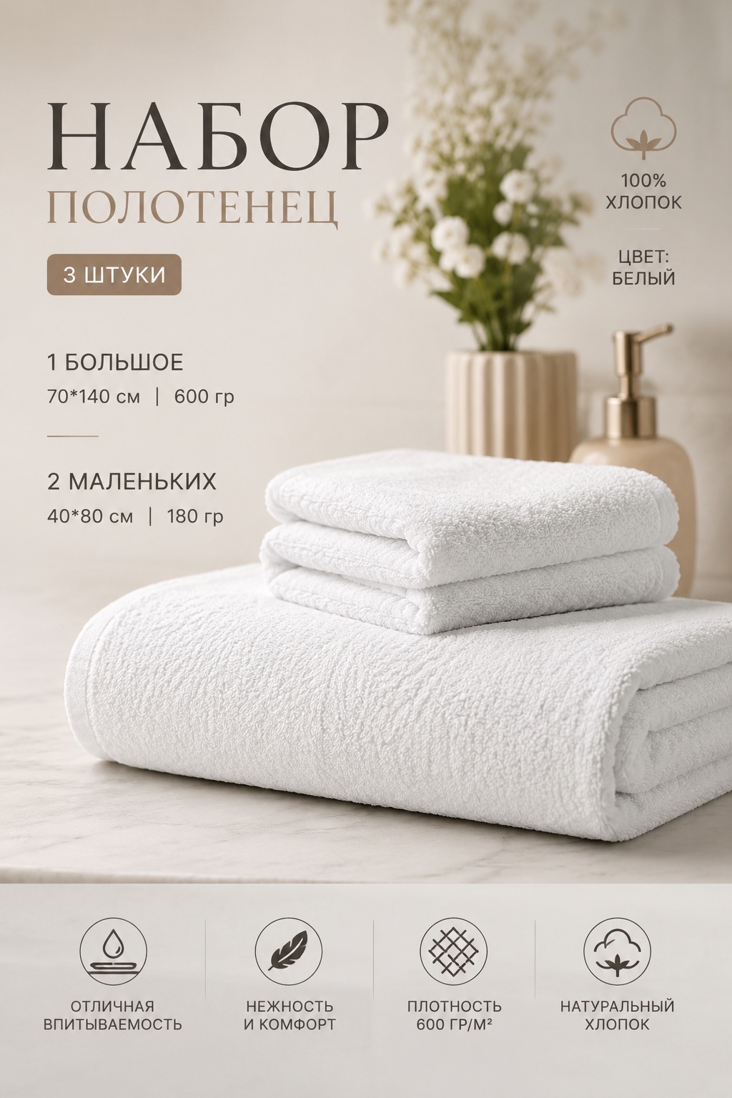 Набор полотенец 140x70 см, хлопок, 3 шт,