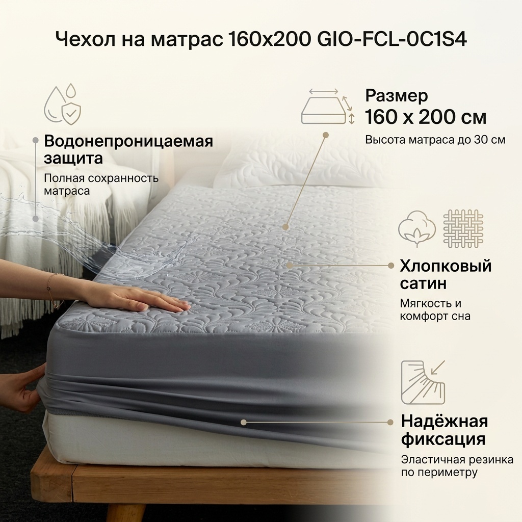 Чехол на матрас на резинке GIO-FCL-0C1S4 160x200, хлопок, сатин