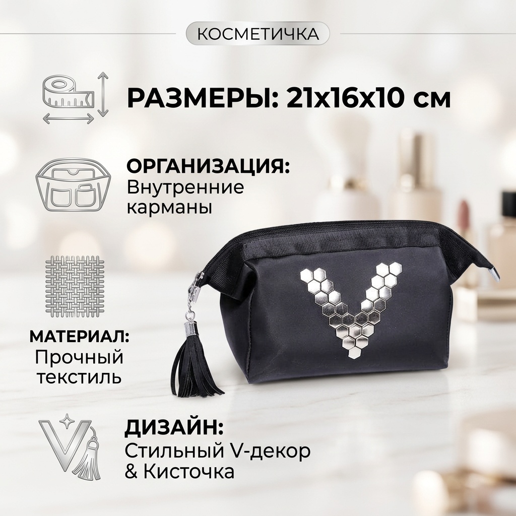 107beauty косметичка текстиль черный 16X21 см