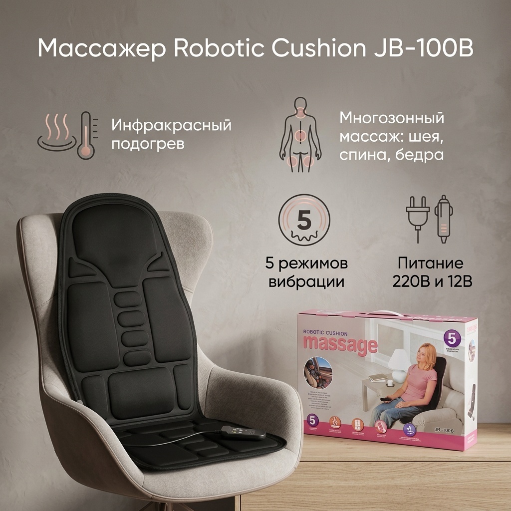Массажер Robotic Cushion JB-100B накладка на спинку стула вибрационный, инфракрасный прогрев